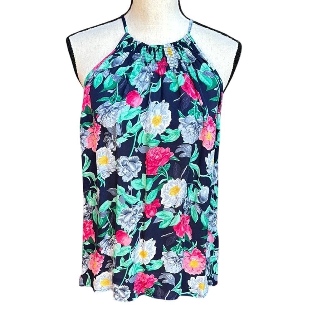 Joie 100% Silk Floral Halter Neck Top Small Blue Pink Pleated Flowy Boho Blouse